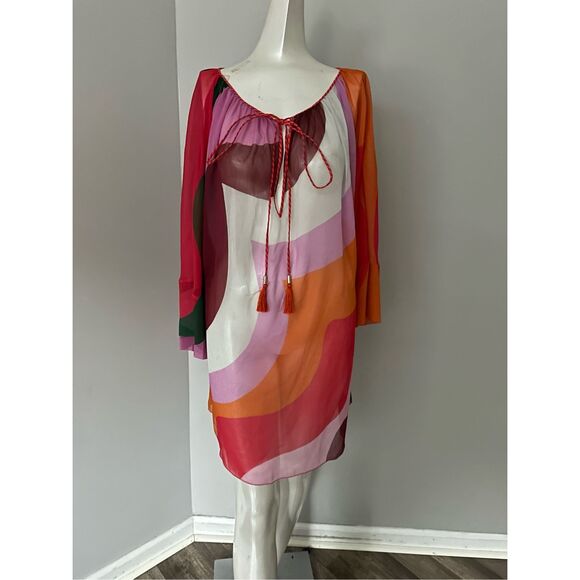 NWT Etro Tassel Tie Quarter Sleeve Semi Sheer Wavy Print Tunic Top Multicolor IT - Picture 5 of 11